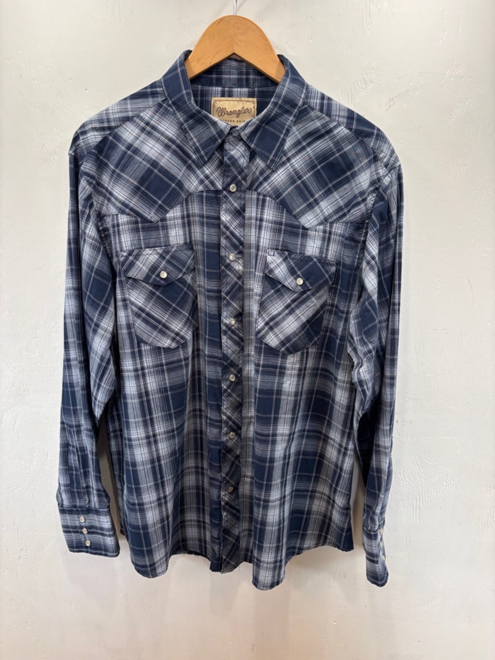 Wrangler Navy & White Plaid Western Rodeo Ready Button-Down long sleeve Shirt XL